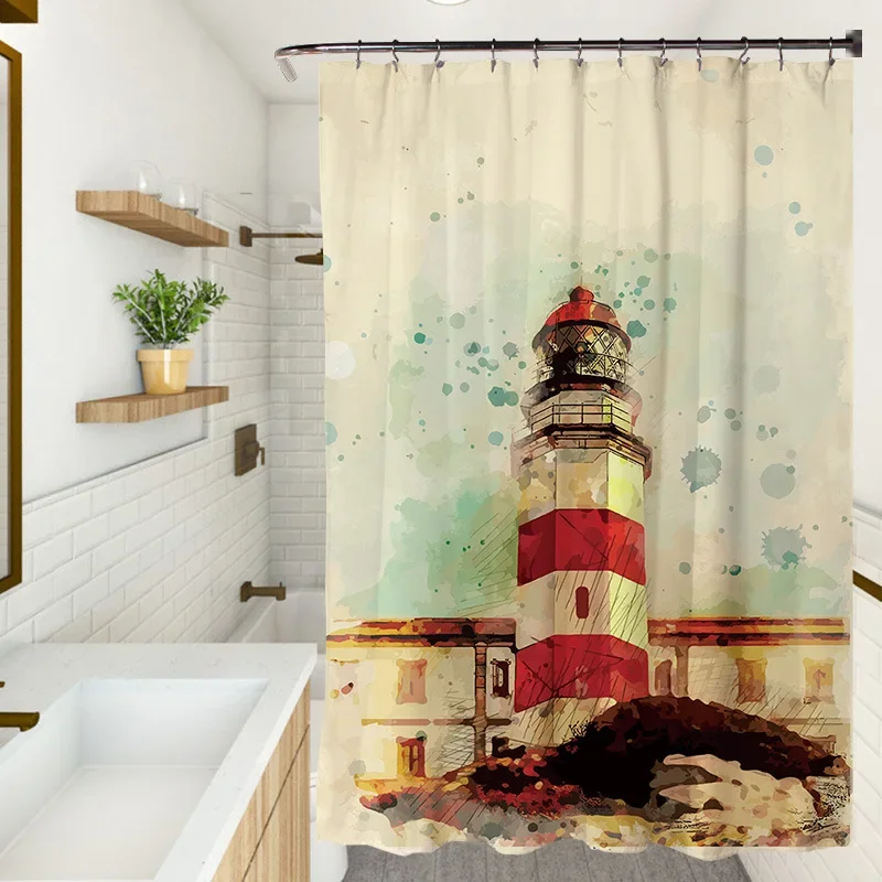 Nordic Style Shower Curtain Beach Ocean Boat Out To Sea Bridge Seaside Scenery Retro  Curtains Bathroom Sets with Hooks