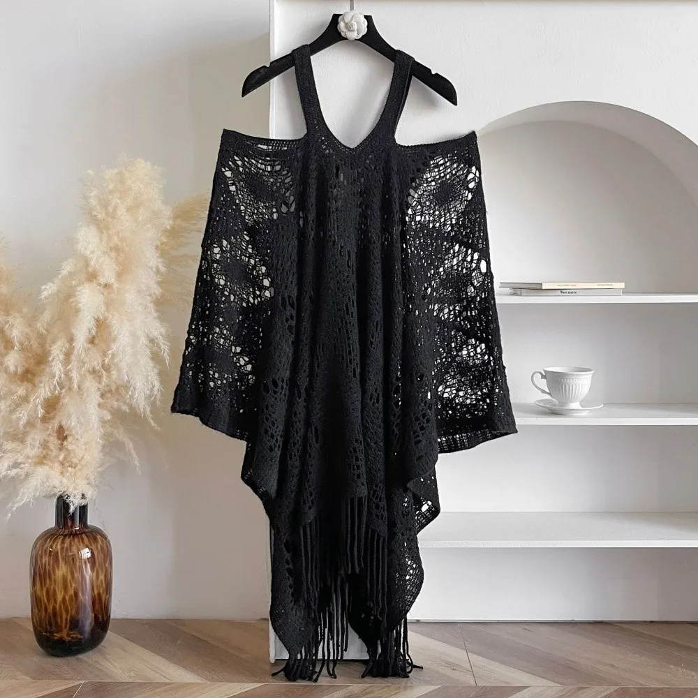 Casual Sun Protection Bohemian Shawl Plus Size Tassels Knit Hollow Out Top Loose Beach Wear Crochet Top Women Streetwear