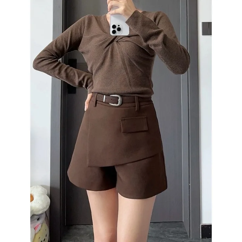 Garnitur Krótkie Spodnie-Spódnice Damskie Wiosna Jesień Nowy Styl Nieregularny Modny Wysoki Stan Wyszczuplający Casual Szerokie Nogawki