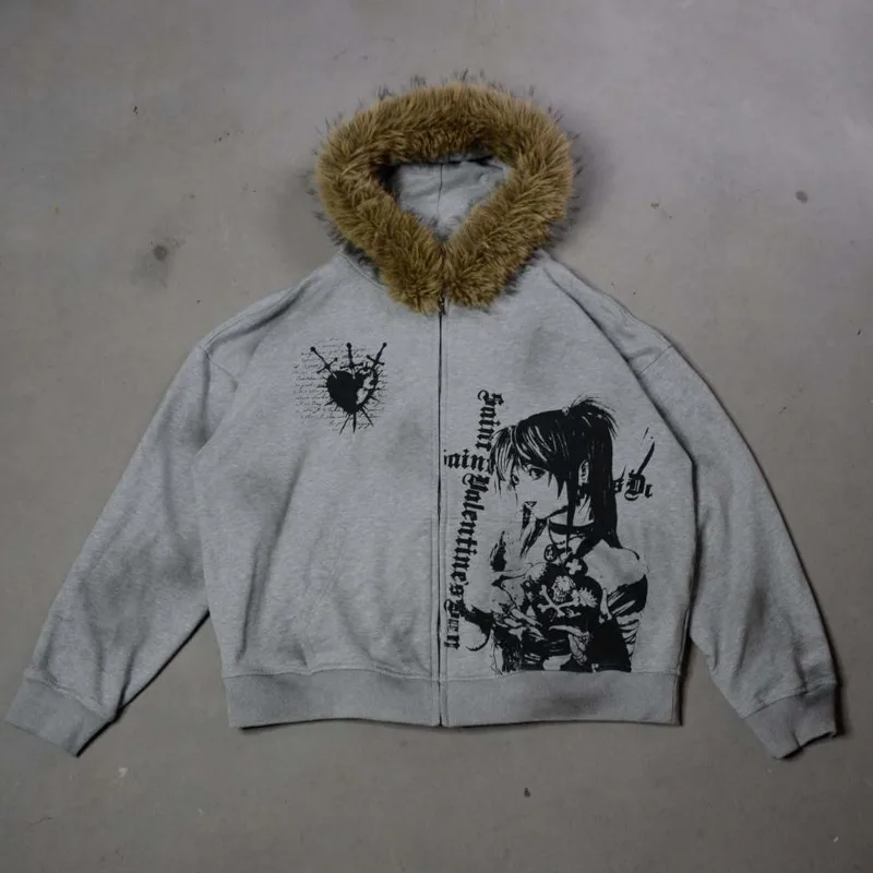 Punk Gedrukt Bontkraag Hoodie Hoodie Meisje Sweatshirt Herfst Winter Casual Y2K Gothic Letter Karakter Hip Hop Unisex Top Nieuw