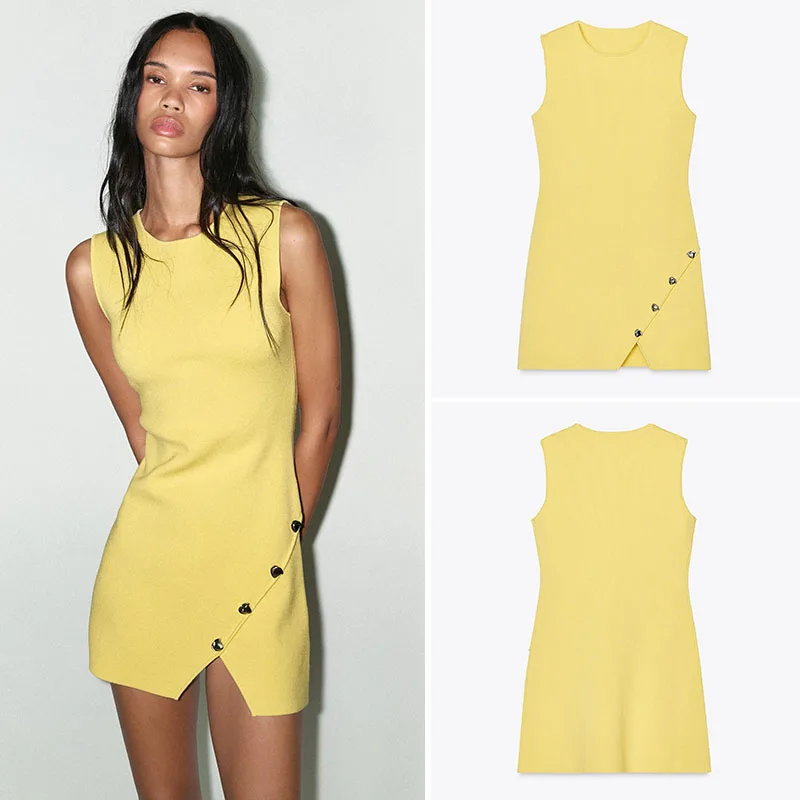 Spring New Arrival Women's Knitted Dr Asymmetrical Button Decoration Street Sle Summer Svel Color Casual Dr