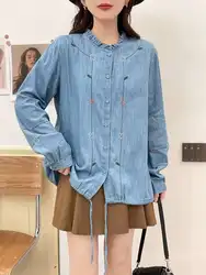 Mori kei clothing Japanese retro embroider denim shirts and blouses sweet lolita jean cardigan long sleeve shirt for women coat