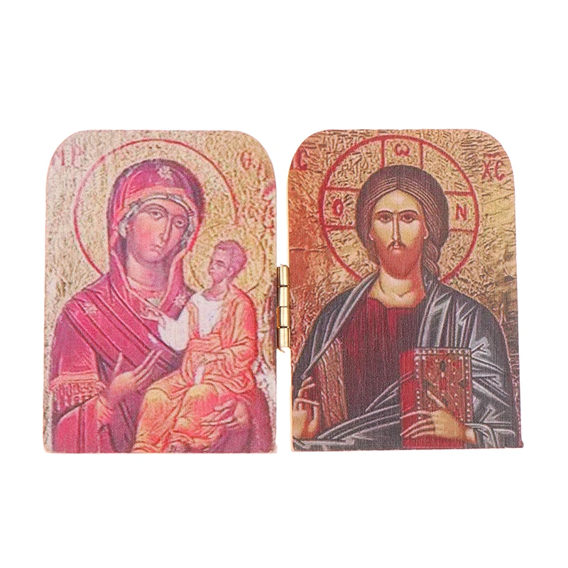 1PC Wood Christ The Teacher And Virgin Of Kazan Catholic Orthodox Icon Diptych For Travel Home Display Religious Gift Decoration