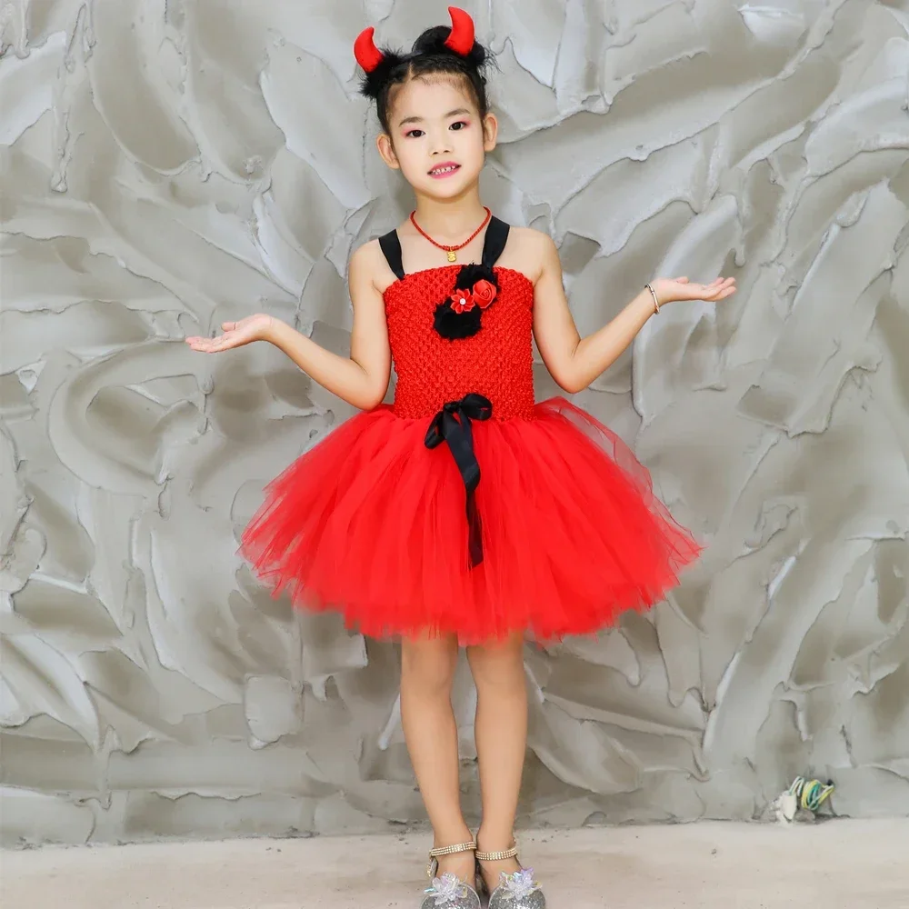 Demon Devil Costume for Girls Halloween Red Tulle Tutu Dress Toddler Kids Carnival Party Fancy Dress Up Clothes with Horns Set