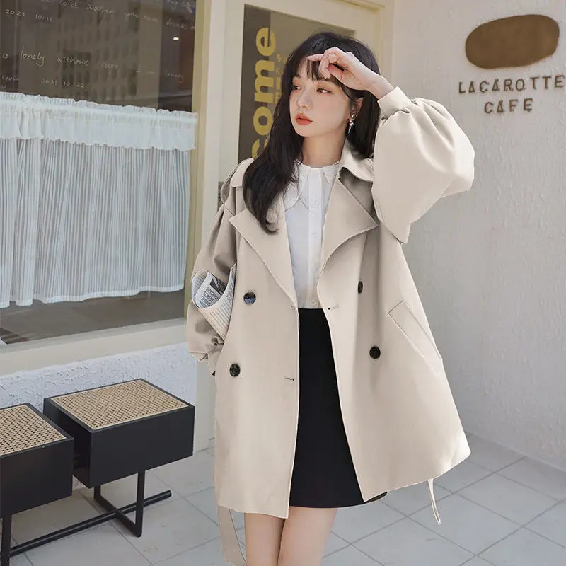 

Loose Lantern Sleeve Trench Coat 2025 Spring Autumn Women's New Double Breasted Belt Korean Version Female Windbreaker Trend