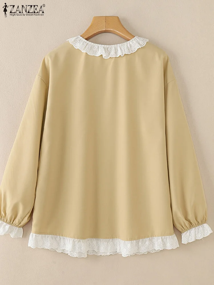 ZANZEA Elegant Pleated-bib Shirts Long Sleeve Lace Trim Autumn 2024 Drop-shoulder Blouses Women Solid Peter-pan Collar Blusas