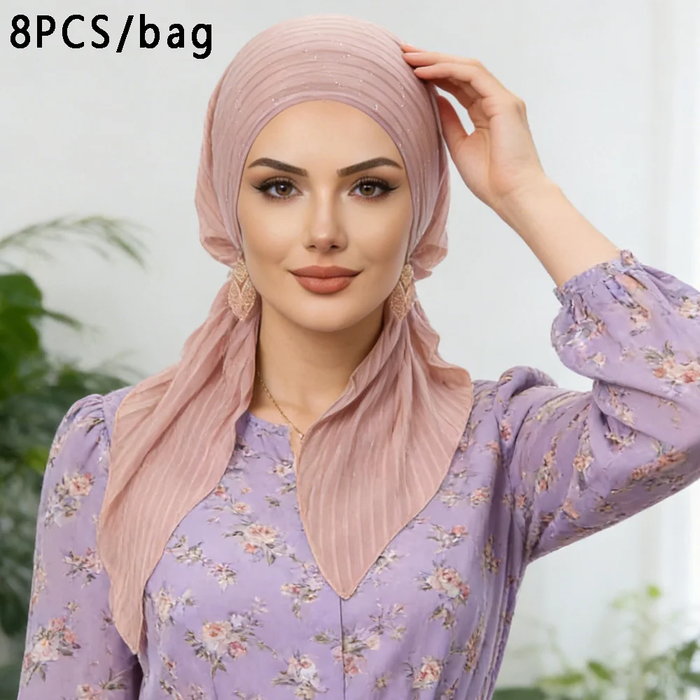 

8PCS/Set Women Muslim Hijab Pre-tied Hat Turban Bonnet Beanies Hair Loss Head Wrap Headscarf Bandanas Chemo Cap Turbante Mujer
