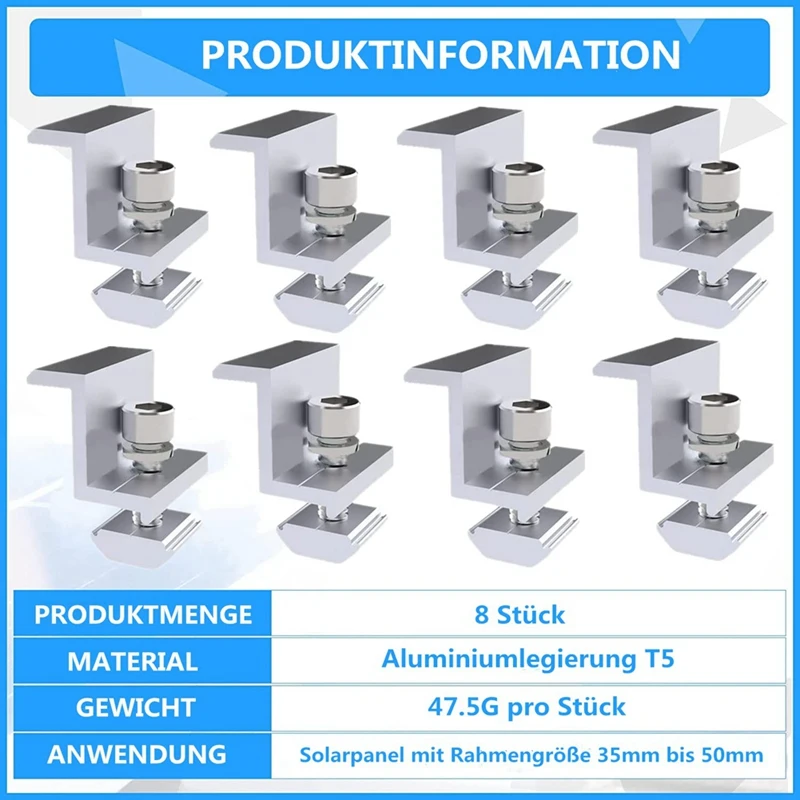 Pack of 8 Solar Module Brackets, Solar Panel Holder, End Clamp, Adjustable, Fixing Solar Module Holder (35 mm)