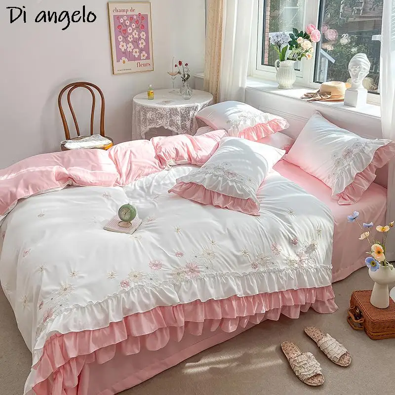 

New Style Embroidered Lace Princess Collection Soft Bedding Set Duvet Cover Set Bed Linen Flat Sheet Pillowcases Queen King #/L