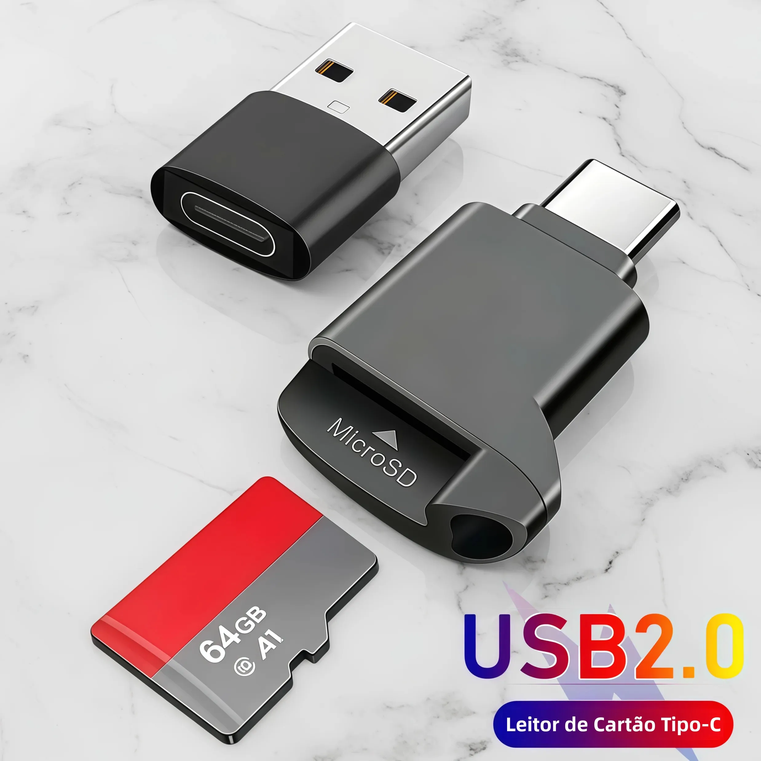 Leitor de Cartão Mini TF Tipo-C 2.0 Preto para Armazenamento Externo de Cartão de Memória USB C 2.0 para iPhone 17 16