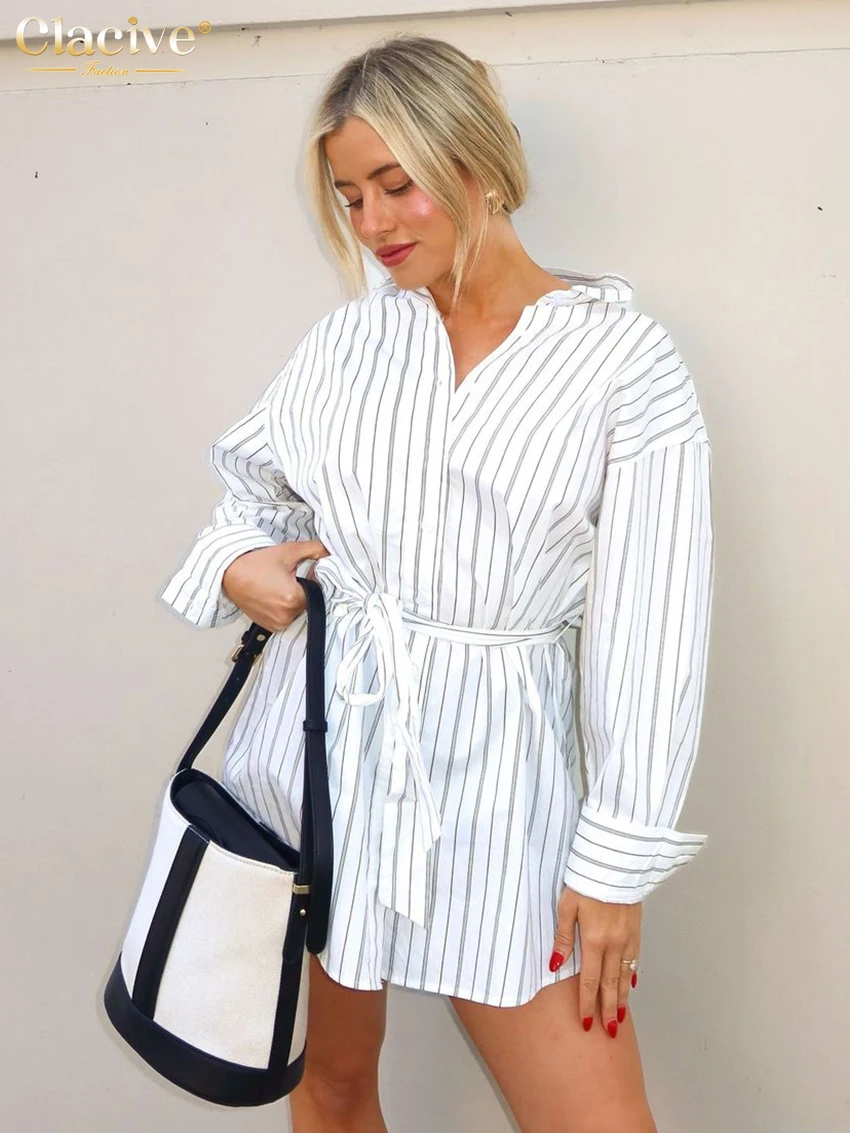 

Clacive Casual Loose Stripe Women's Dress 2025 Fashion Lapel Long Sleeve Mini Dresses Elegant Classic Lace-Up Slit Female Dress