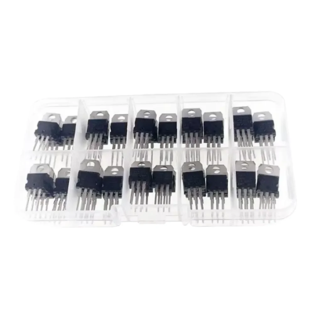 50 PCS,L7805 L7806 LM317T L7808 L7809 L7810 L7812 L7815 L7818 L7824 Transistor Assortment Kit 10value*5pcs Voltage Regulator Box