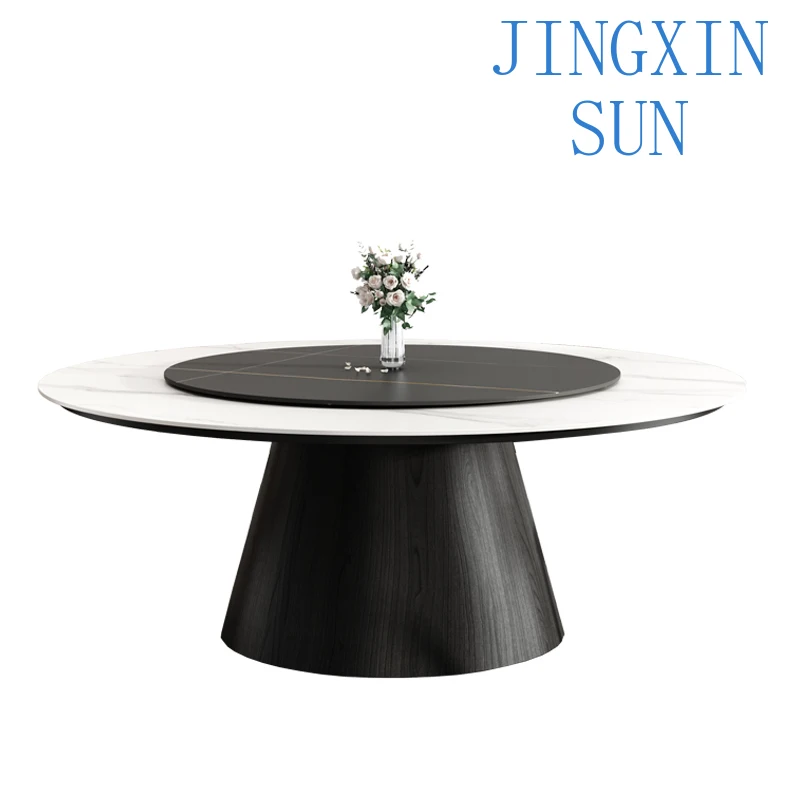 Nordic solid wood rock plate round dining table with turntable modern simple embedded round table