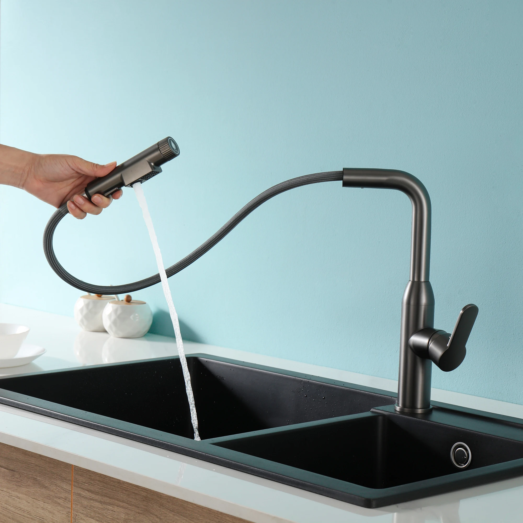 SKOWLL KitchenFaucet  Deck Mount Single Hole mixer Tap with  2 Function Pull Out Sprayer , Gun Grey  MF-3063