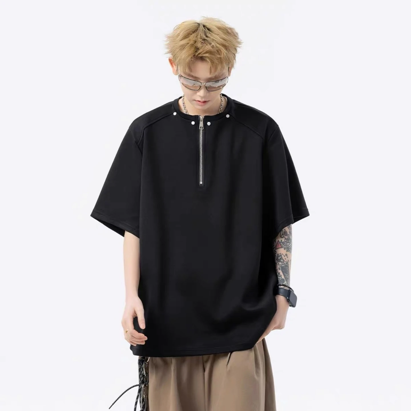 

American Sle Heavyweight f Zip oulder Padded ort Sve T-irt Men's Trendy Brand Summer Design Five-Quarter Sve