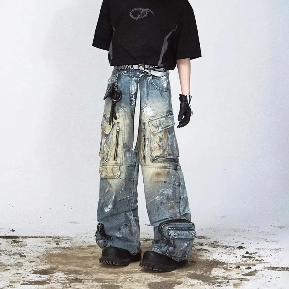 

Mens Jeans Cargo Multi-Pocket Irregular Graffiti Casual Pants Summer Streetwear Fashion Wide-Leg Pants Men'S Clothing 2025 New