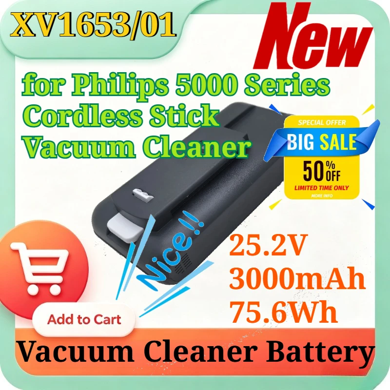 New XV1653/01 25.2V 3000mAh 75.6Wh Replacement Li-ion Battery for Philips 5000 Series Cordless Stick Vacuum Cleaner Accessories