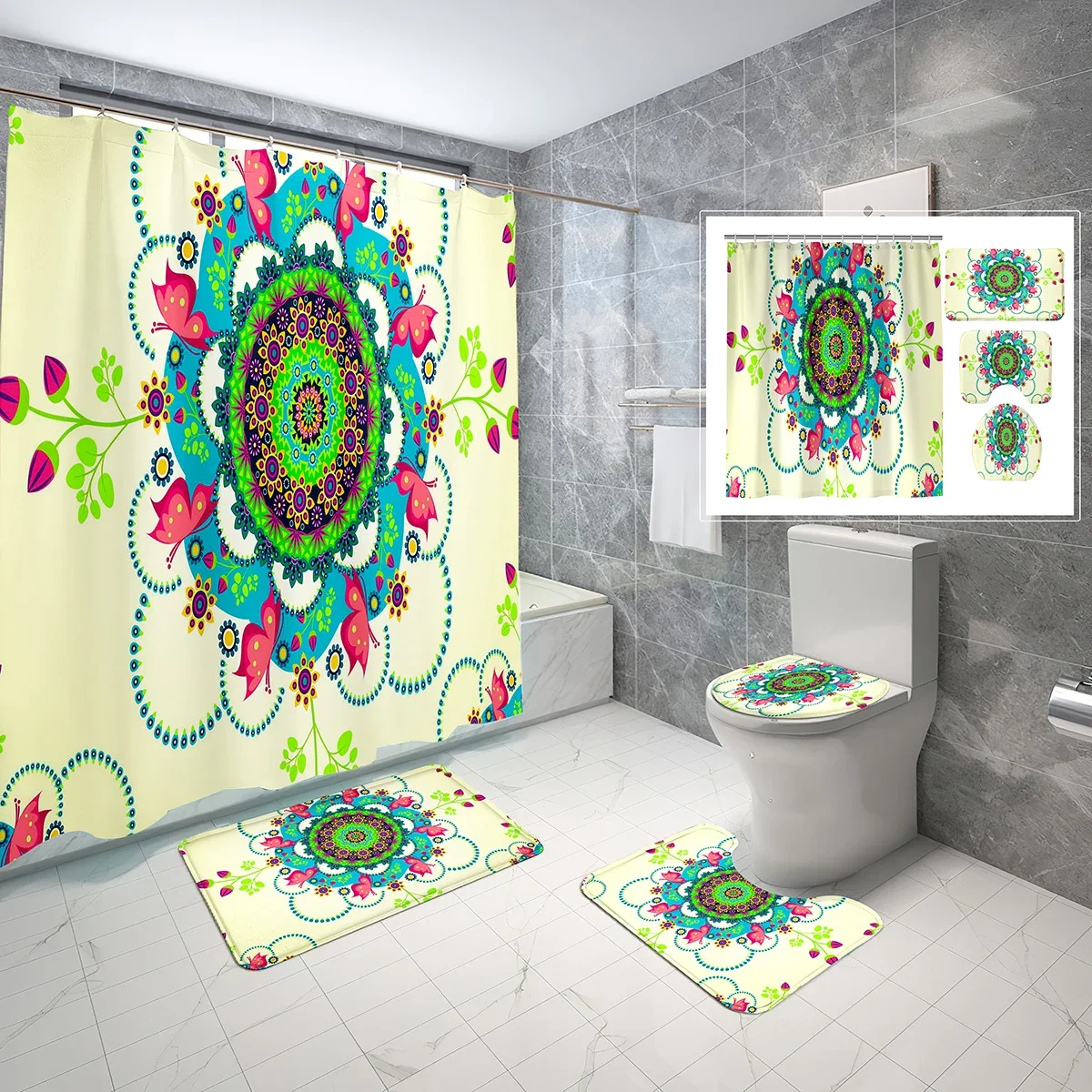 

4 Pcs Mandala Shower Curtain Sets Shape Trippy Big Circle Shower Curtain with Non-slip Bath Mat Toilet Lid Cover Bathroom Sets