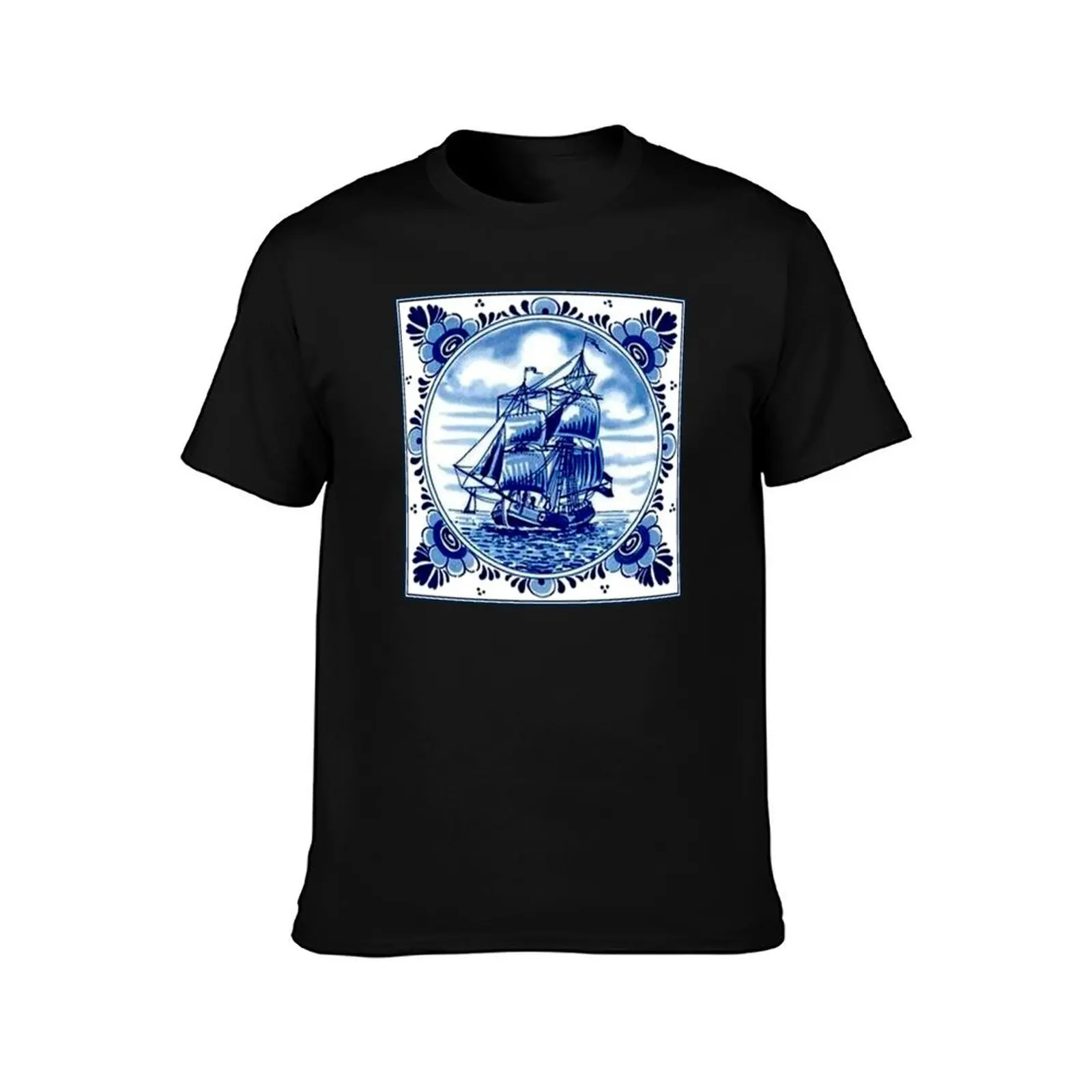 DUTCH BLUE DELFT : Vintage Sailboat and Tall Ship Print T-Shirt Simple Graphic Design T-Shirt view 2