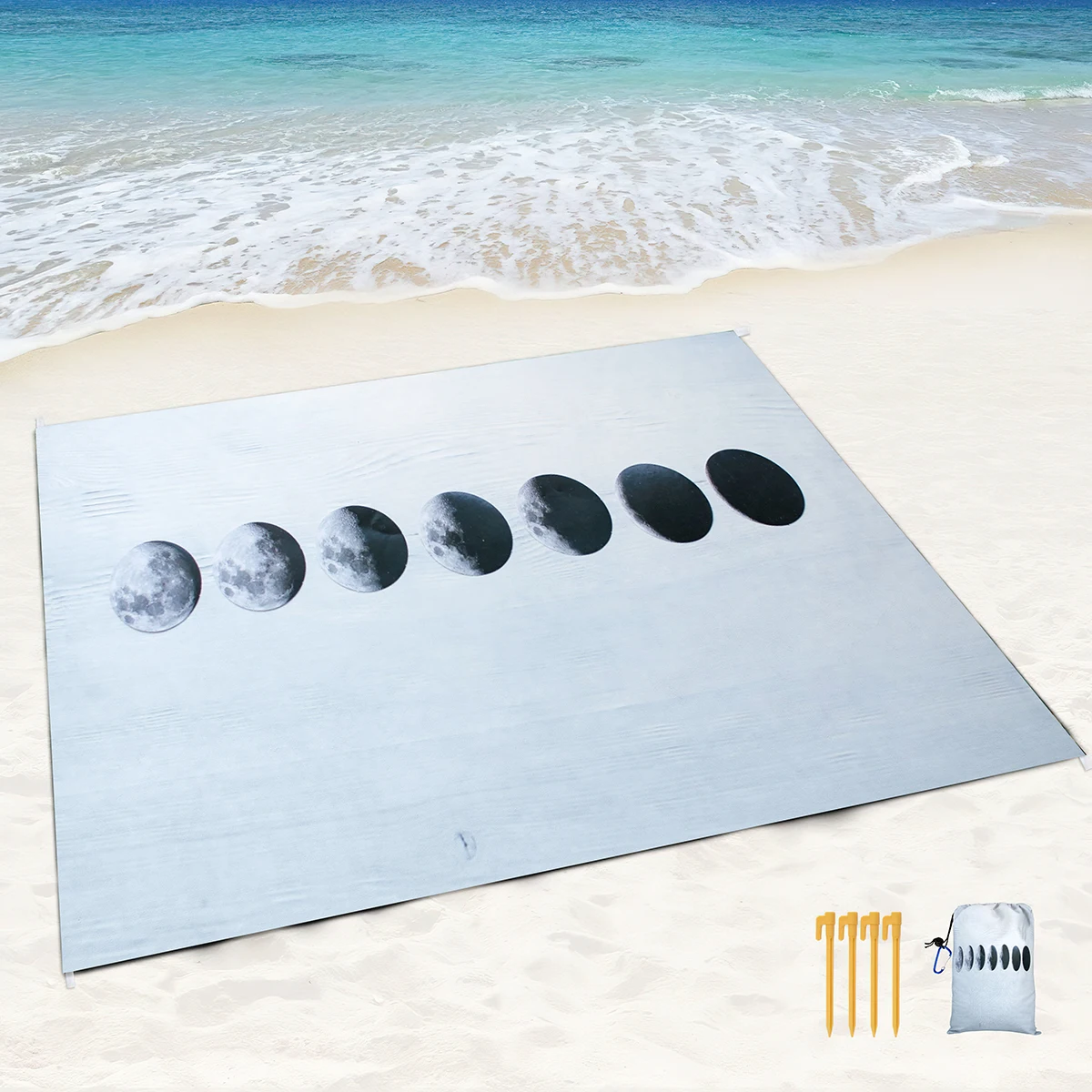 Moon Print Beach Blanket Sandproof Soft Beach Mat Waterproof Quick Drying Mat Made with 4 Stakes & 4 Corner Pockets for Camping