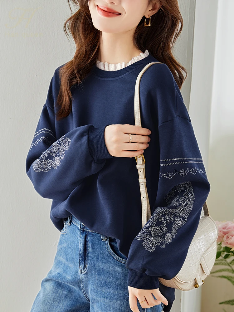 H Han Queen Autumn T-Shirts Vintage Embroidered Lace Office Sweatshirt Female O-Neck Tops Long Sleeve Casual Women Loose Tees