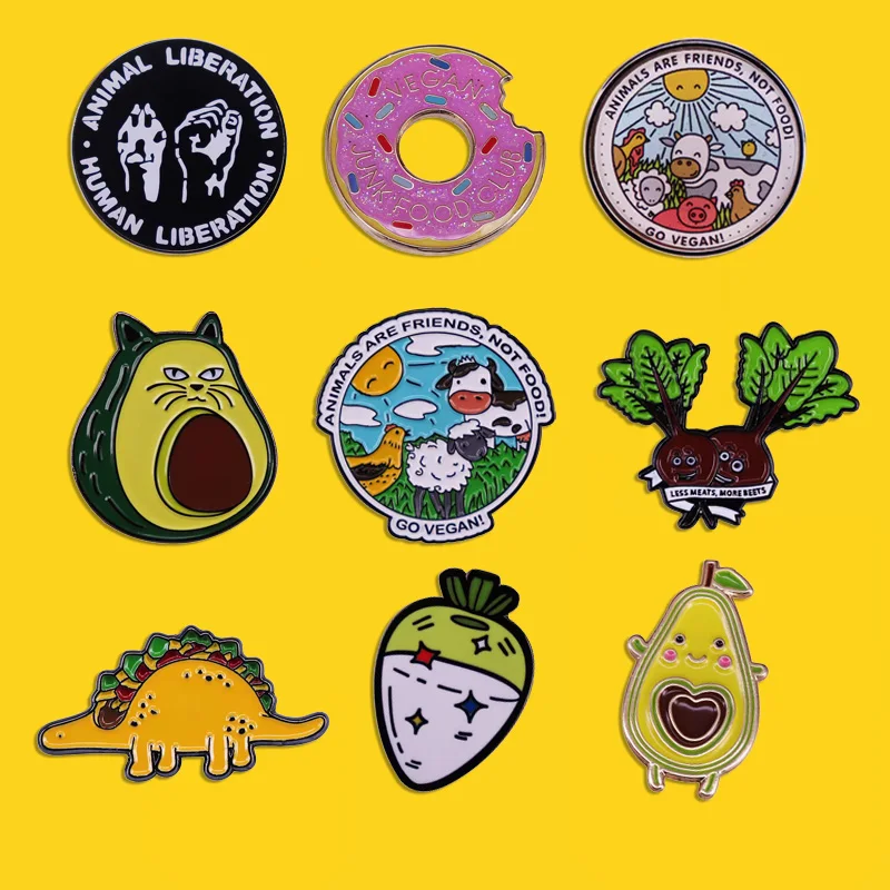 High Quality Vegan Enamel Pin Funny Plant Animal Food Badge Radish Avocado Brooch Women's Fashion Clothes Bag Pin Accessories