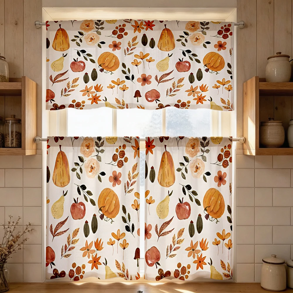 Fall Kitchen Curtains, Watercolor Pear Apple Fruit, Digital Print, Kitchen Dining Room, Rod Pocket Polyester, Home Decor