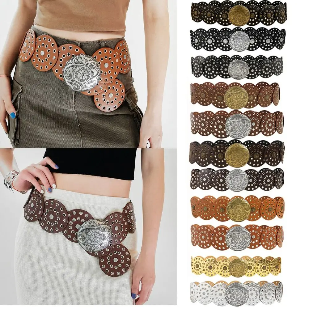 

Y2K Disc Belts Vintage Cowboy Round Wide Belts Metal Buckle Western Style Hollow Belt for Women