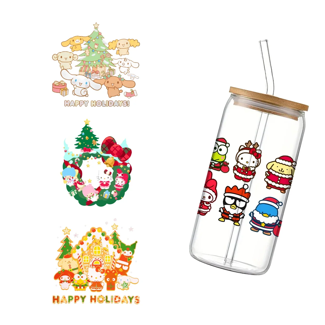 Sanrio Christmas Hello Kitty Melody Friends Design Cup Wrap Sticker 16oz UV DTF Waterproof Sticker for Party Fans Gift 11x11cm