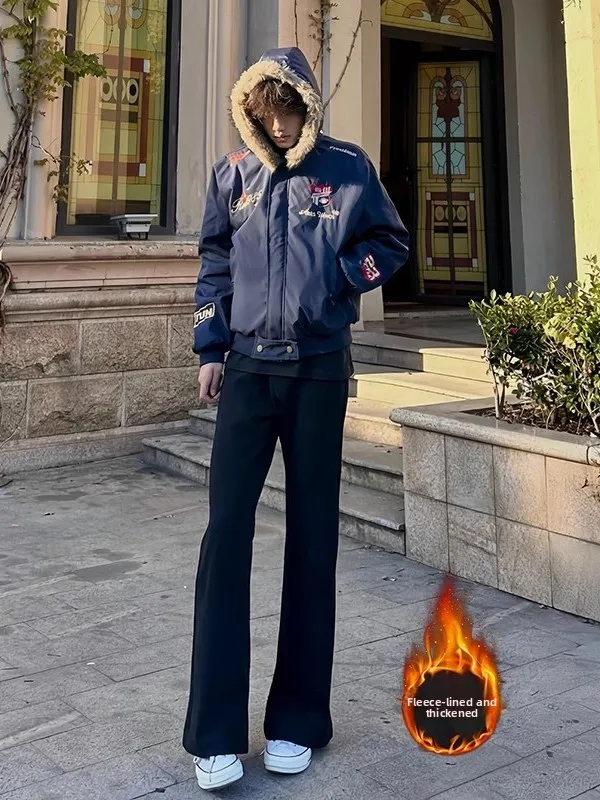 

Мужские утепленные джинсы из денима с подкладкой, черные, расклешенные, прямого кроя, свободные, для зимы, в уличном стиле