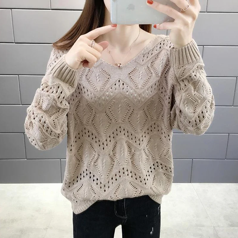 Spring Autumn Solid Hollow Out Jumper Women V-neck Elegant Fashion All-match Pullover Korean Style Sweet Sweater Female Clothes