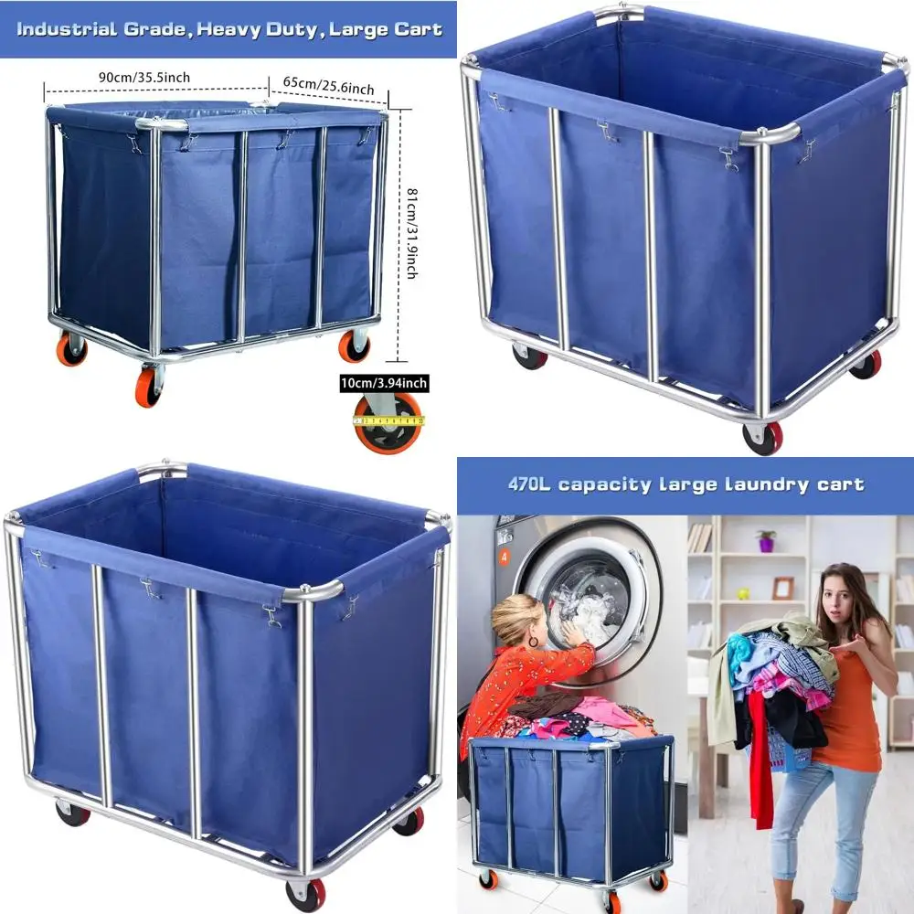 

400L Heavy-Duty Stainless Steel Laundry Cart with Wheels, Large Capacity Clothes Sorter and Storage, Holds 330 lbs (Blue)