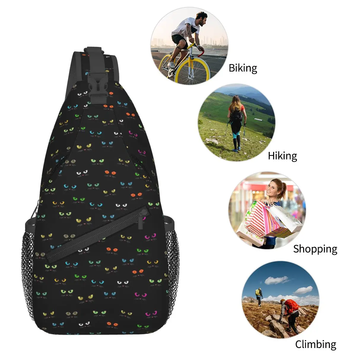 القط الصور الظلية الكرتون القطط السوداء حقيبة صدر للرجال الرجال الرافعة Crossbody على ظهره حقيبة صدر للرجال السفر المشي لمسافات طويلة Daypack حقيبة كتف