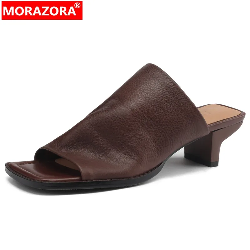 MORAZORA New Vintage Genuine Leather Summer Slippers Ladies Square Toe Casual Shoes Thick Med Heels Women Slippers 2024