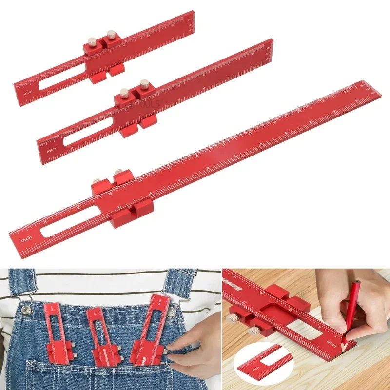 

3Pcs Precision Pocket Ruler Metal Slide Ruler Aluminum Woodworing Ruler with Slide Stop T-Type Scribing Gauge Square Metric Inch