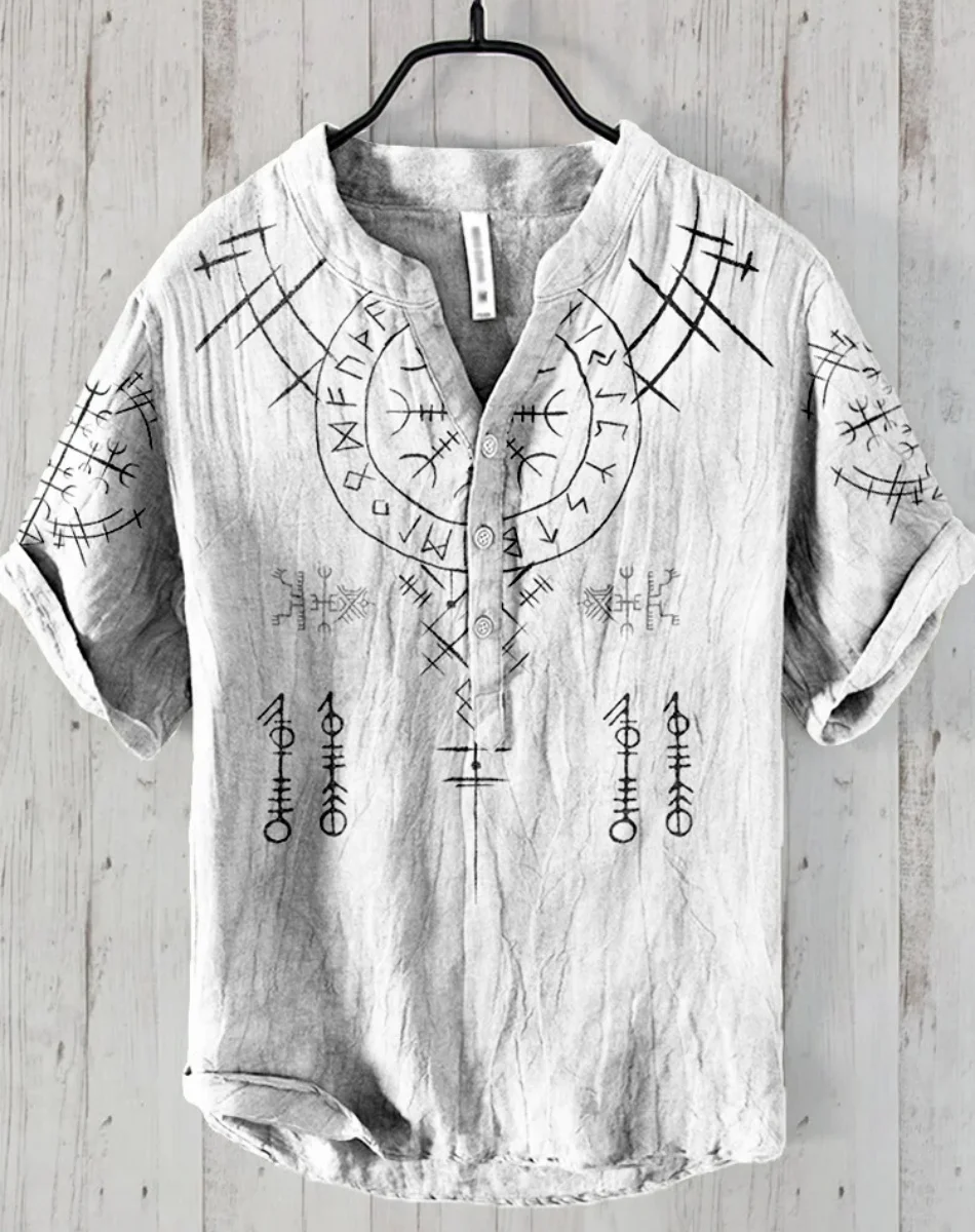 Herrenhemd Ethnischer Stil 3D-Druck Wikinger Herrenmode Plus Size Knopf Stehkragen Kurzarmhemd Herrenbekleidung Fast S
