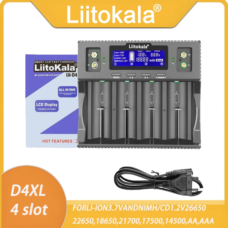 LiitoKala Lii-D4XL Battery Charger For 21700 18650 18350 26650 16340 14500 3.7v 1.2V 3.2V Ni-MH/Cd,AA AAA SC D C Battery Charger