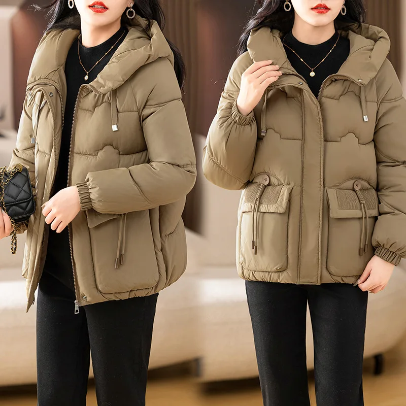 

2025 Новая зимняя стильная короткая хлопковая куртка, универсальная толстая однотонная куртка с капюшоном