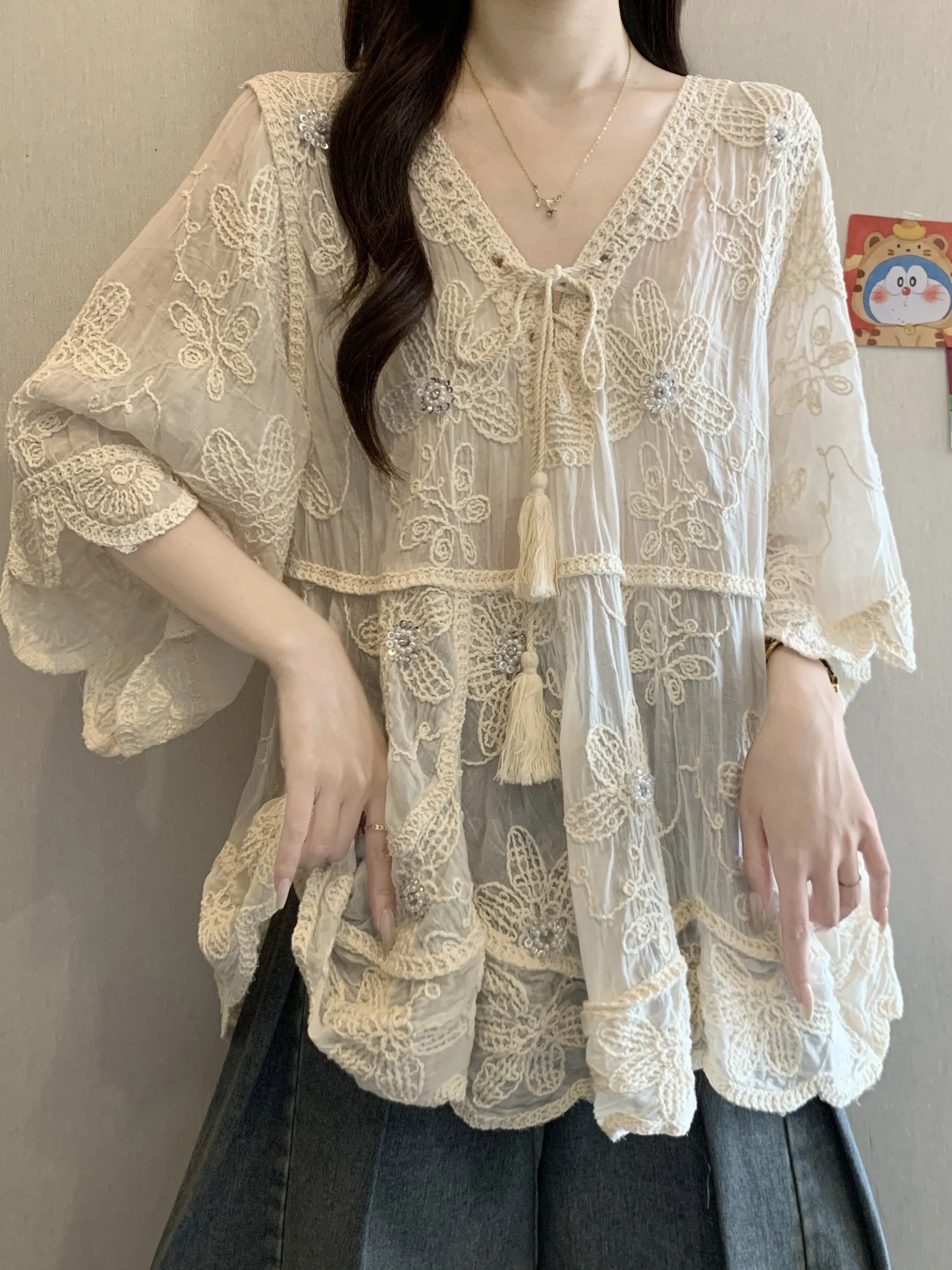 

plus Size Bohemian V-Neck Lace Embroidery Loose Shirt Women's Summer Heavy Embroidery Top Breathable Polyester Fiber