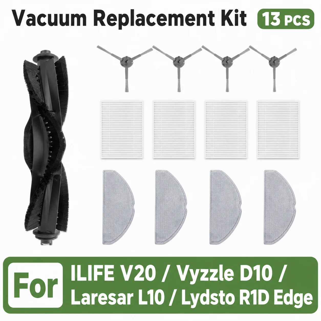 Kompatibel für ILIFE V20 / Vyzzle D10 / Laresar L10 / Lydsto R1D Edge / Roidmi Eve Rook S Hauptrolle Seitenbürste HEPA-Filter Mopp