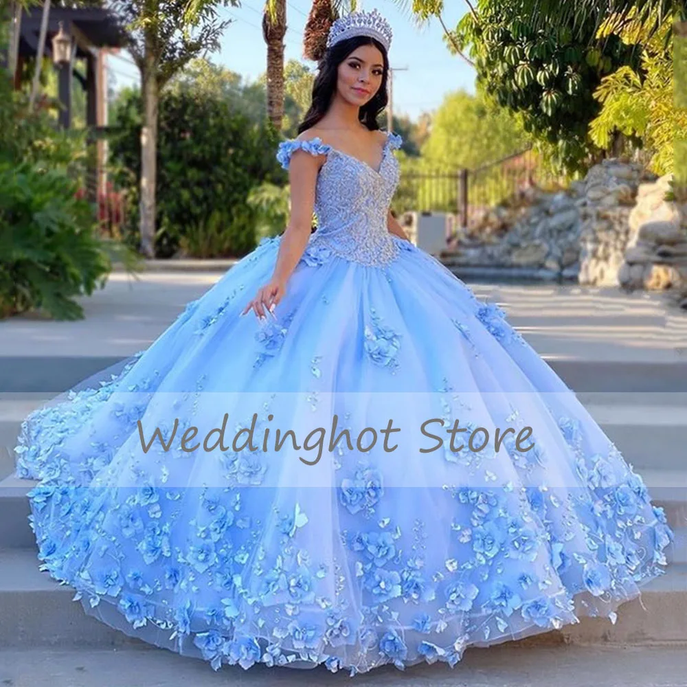 Prinzessin Quinceanera Kleider 2023 V Neck Korsett Ballkleid für Mädchen Sweetie 15 Baby Blau Tüll 3D Blume Luxus Quinceanera kleid