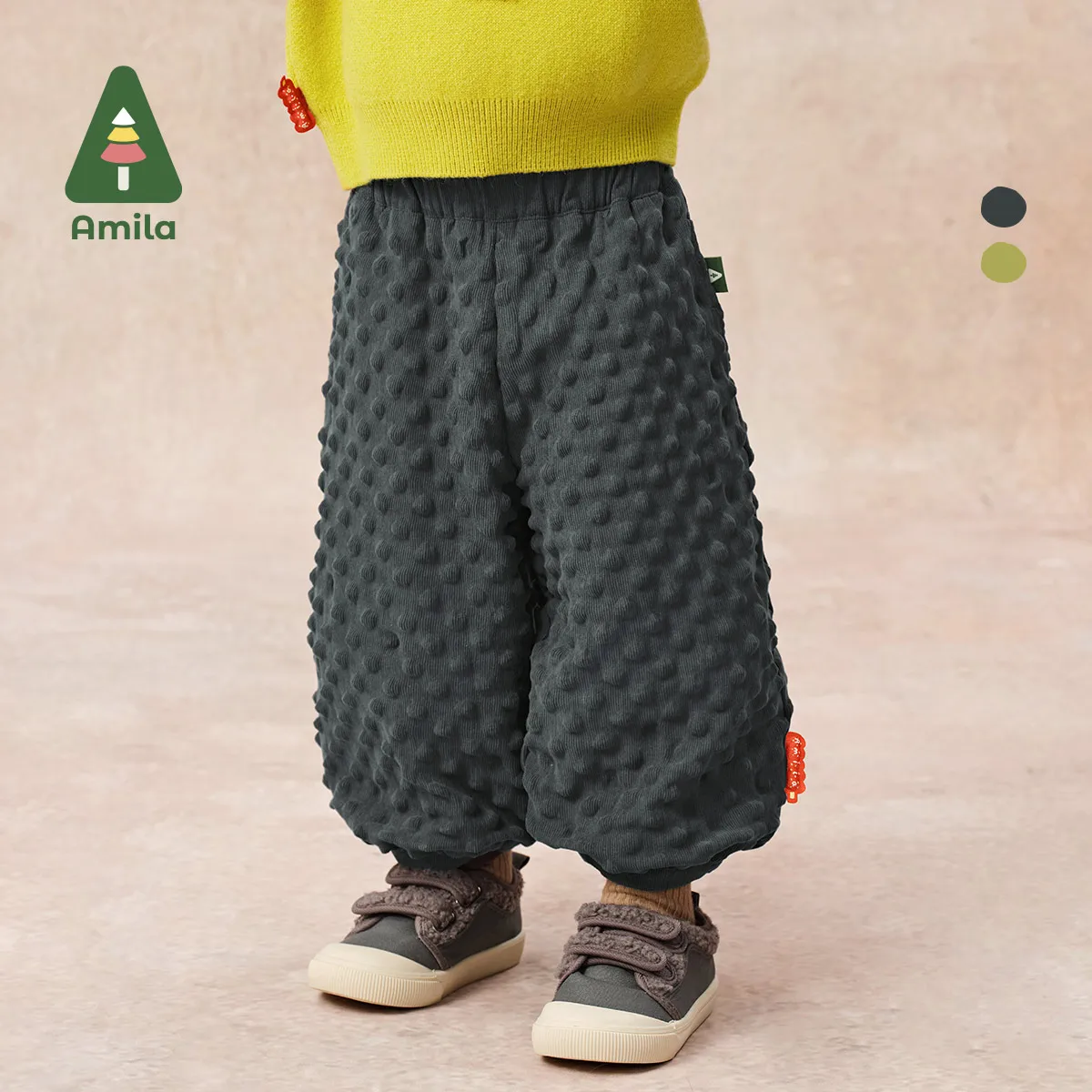 Amila Baby Pants 2024 New Winter Boys And Girls Bubble Polar Fleece Warm And Skin-Friendly Loose Warm Children's Casual Pants