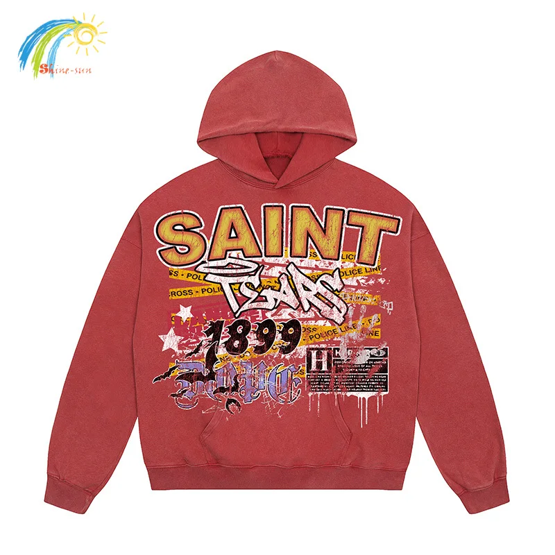 

High Street Crack Logo Graphics Print Saint Tears Pullovers Hooded Men Women Vintage Washed Red Black Oversized Hoodie