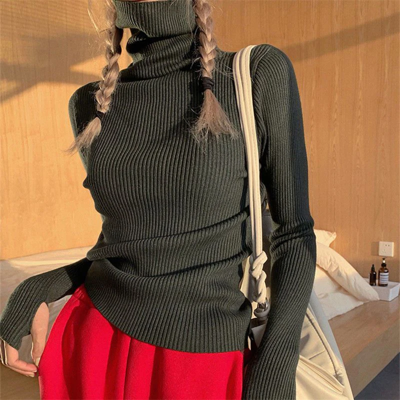 Knitted Women Warm Pullovers Korean Elegant Solid Turtleneck Female Casual Sweaters Autumn New Office Long Sleeve Ladies Jumpers