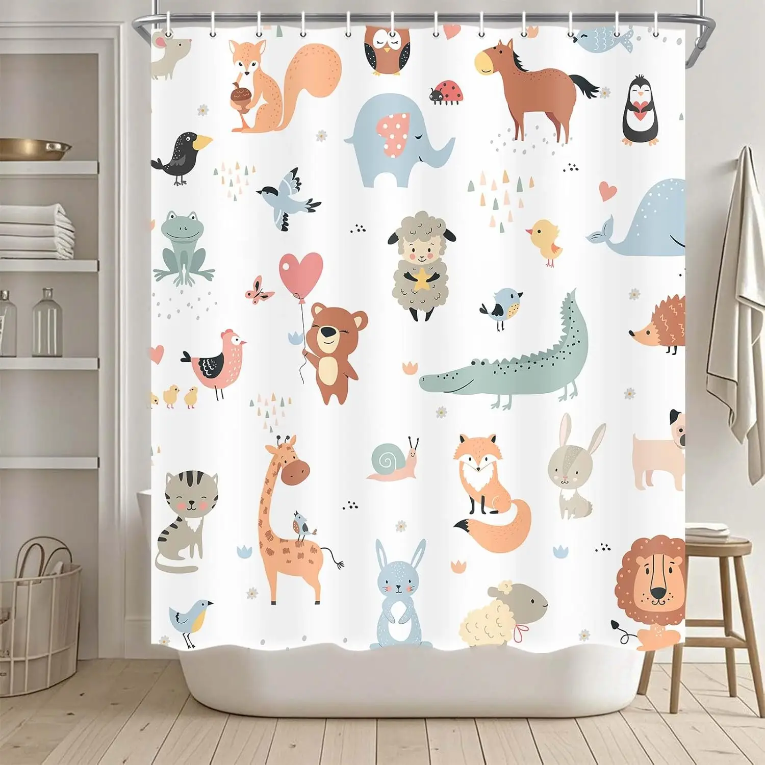 Animal Shower Curtain for Kids, Boho Tropical Animals Shower Curtains Nursery Giraffe Crocodile Hippo Zebra Monkey Cartoon Bath