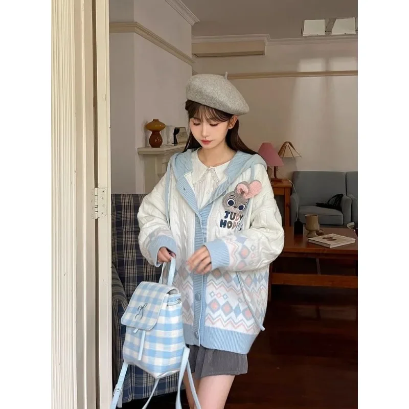 Disney Cartoon Zootopia Hoodie Winter Anime Judy Hopps Nick Wilde Doll Jacket Cute Girl Knitting Sweater Loose Cardigan Coat Top