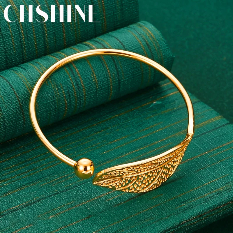925 Sterling Silver 18K Gold Leaf Engraved Open Bangle for Women Fashion Wedding Party Jewelry