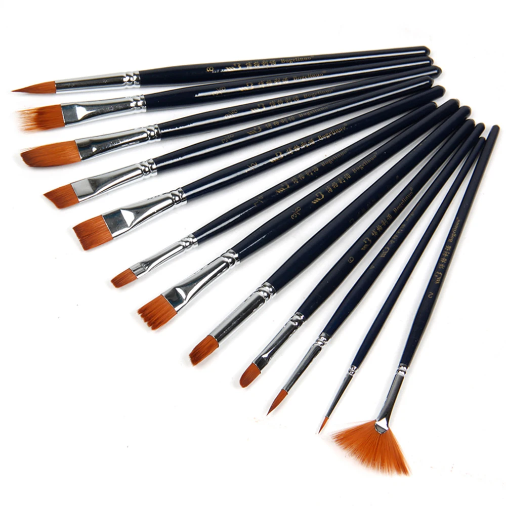 12Pcs Paint Brushes Set Nylon Hair Painting Brush Variety Style Short Rod Oil Acrylic Brush Watercolor Pen Art Supplies