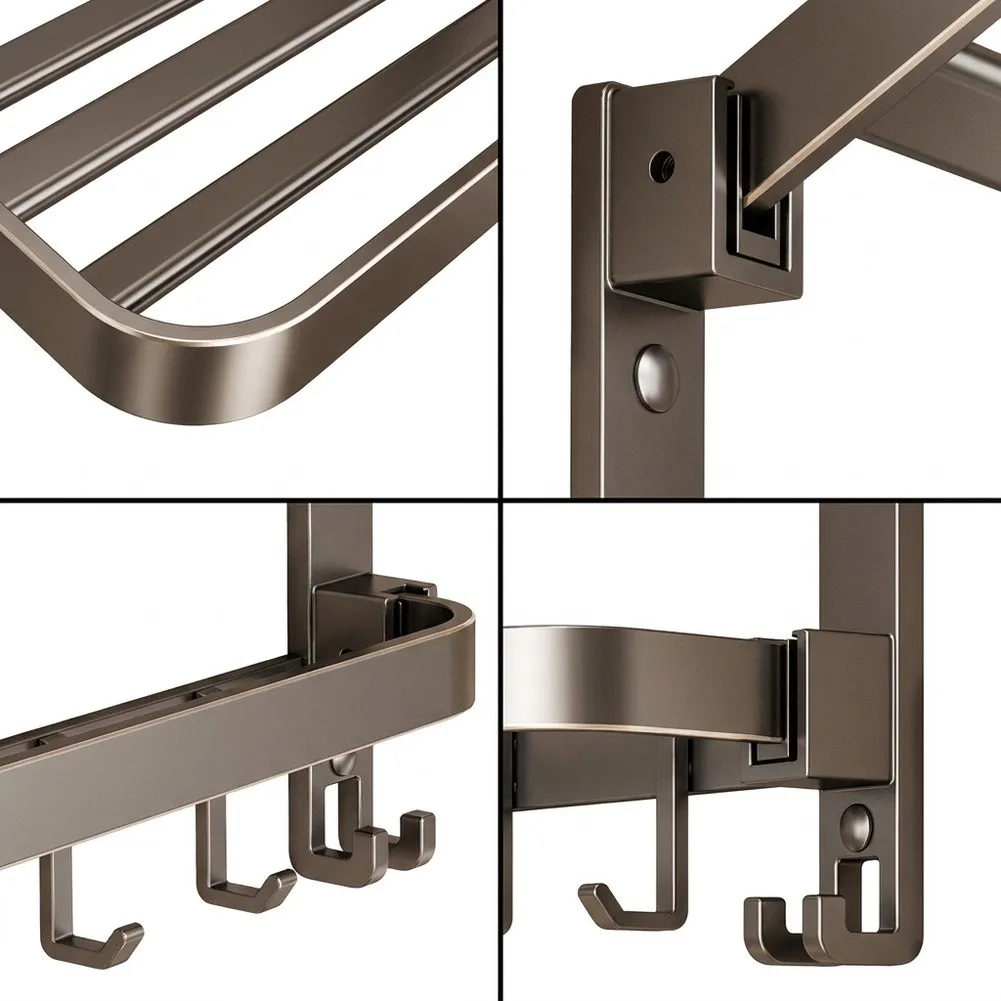 Foldable 40cm Towel Rack for Bathroom - for gunmetal Gray Space Aluminum Towel Shelf with 2 Bars and Hanging Hooks