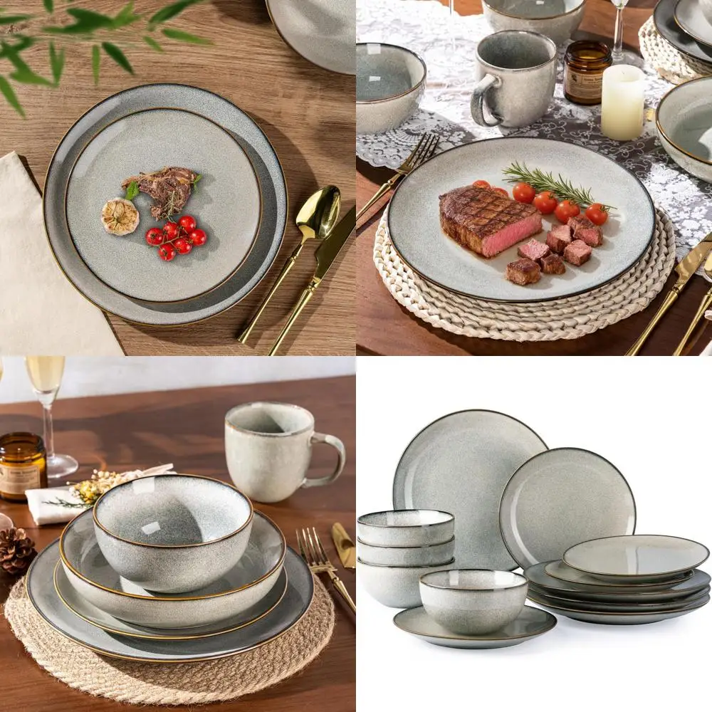 

4-Person Stoneware Dinnerware Set, 12-Piece Reactive Glaze Ceramic Plates & Bowls, Dishwasher and Microwave Safe